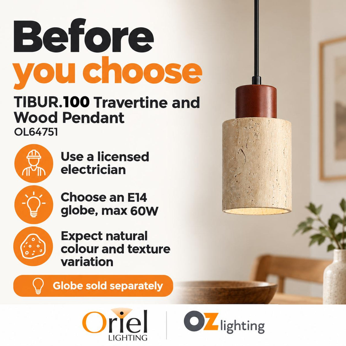 Oriel Lighting TIBUR.100 Pendant - Travertine and Wood-Oriel Lighting-Ozlighting.com.au