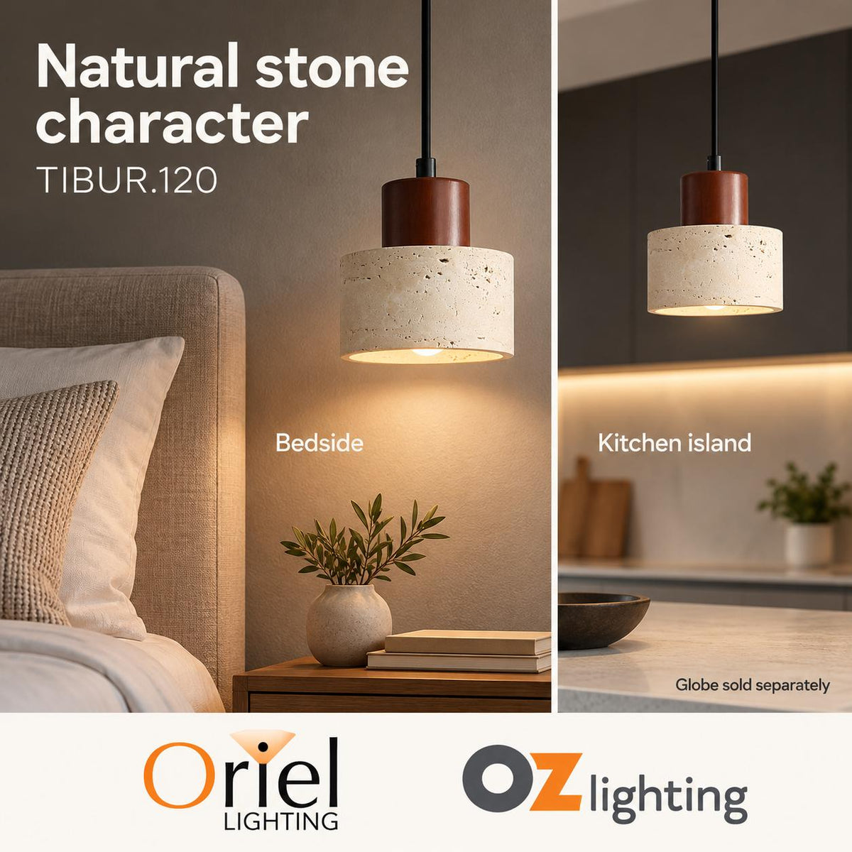 Oriel Lighting TIBUR.120 Pendant - Travertine and Wood-Oriel Lighting-Ozlighting.com.au