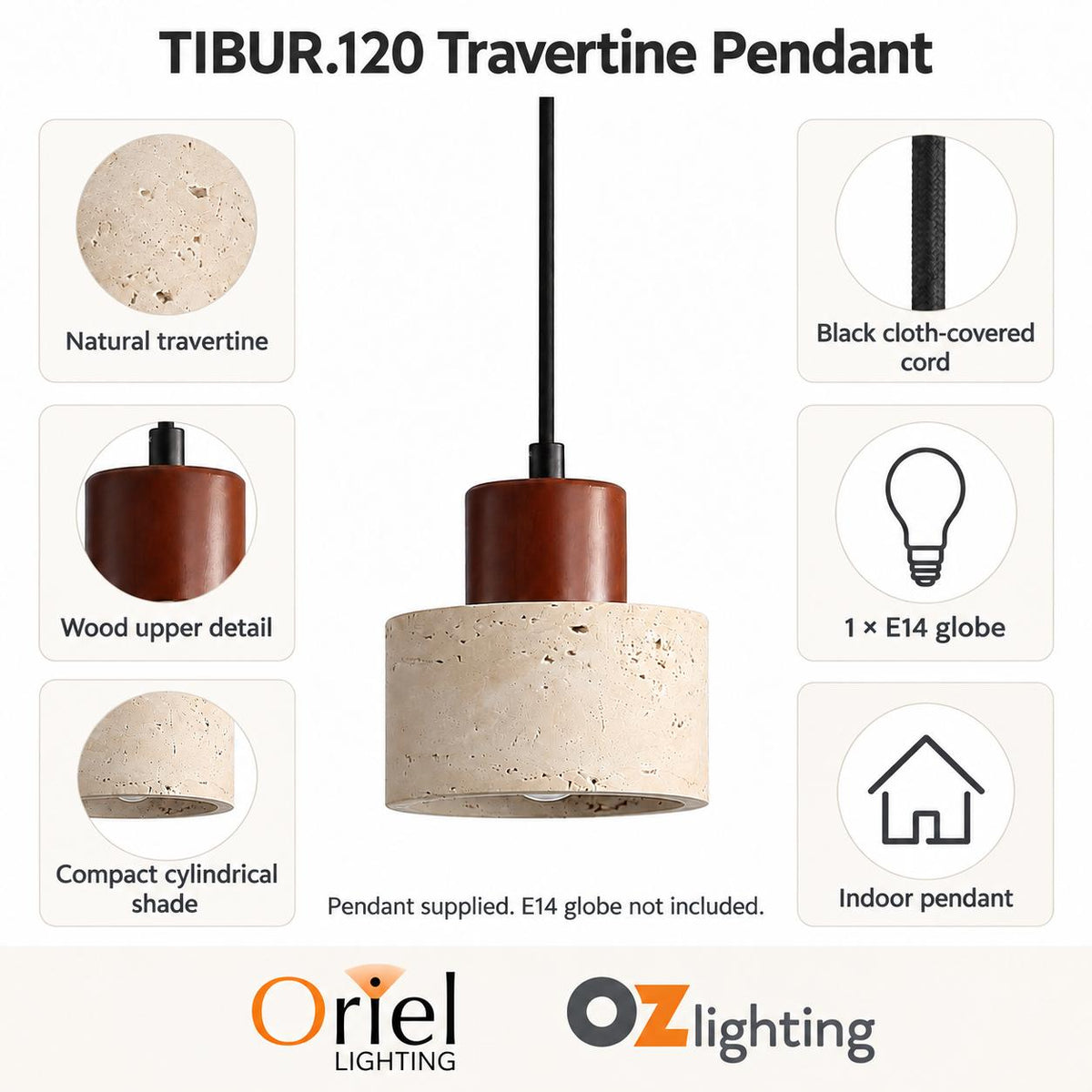 Oriel Lighting TIBUR.120 Pendant - Travertine and Wood-Oriel Lighting-Ozlighting.com.au