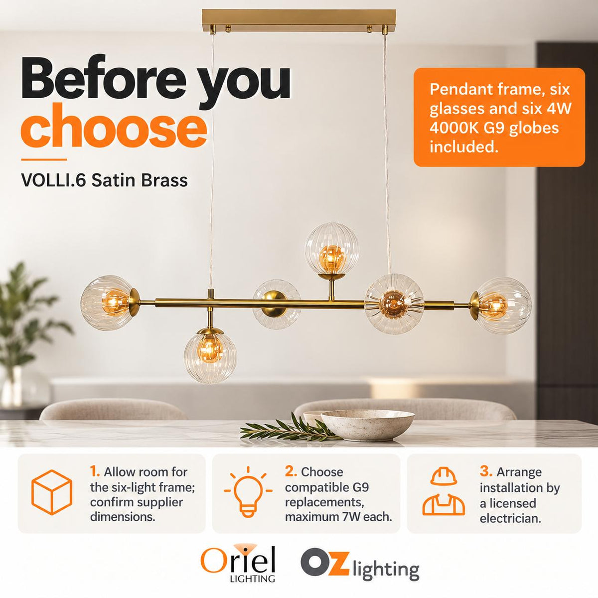 Oriel Lighting VOLLI.6 Optic Pendant - Glass, Satin Brass-Oriel Lighting-Ozlighting.com.au