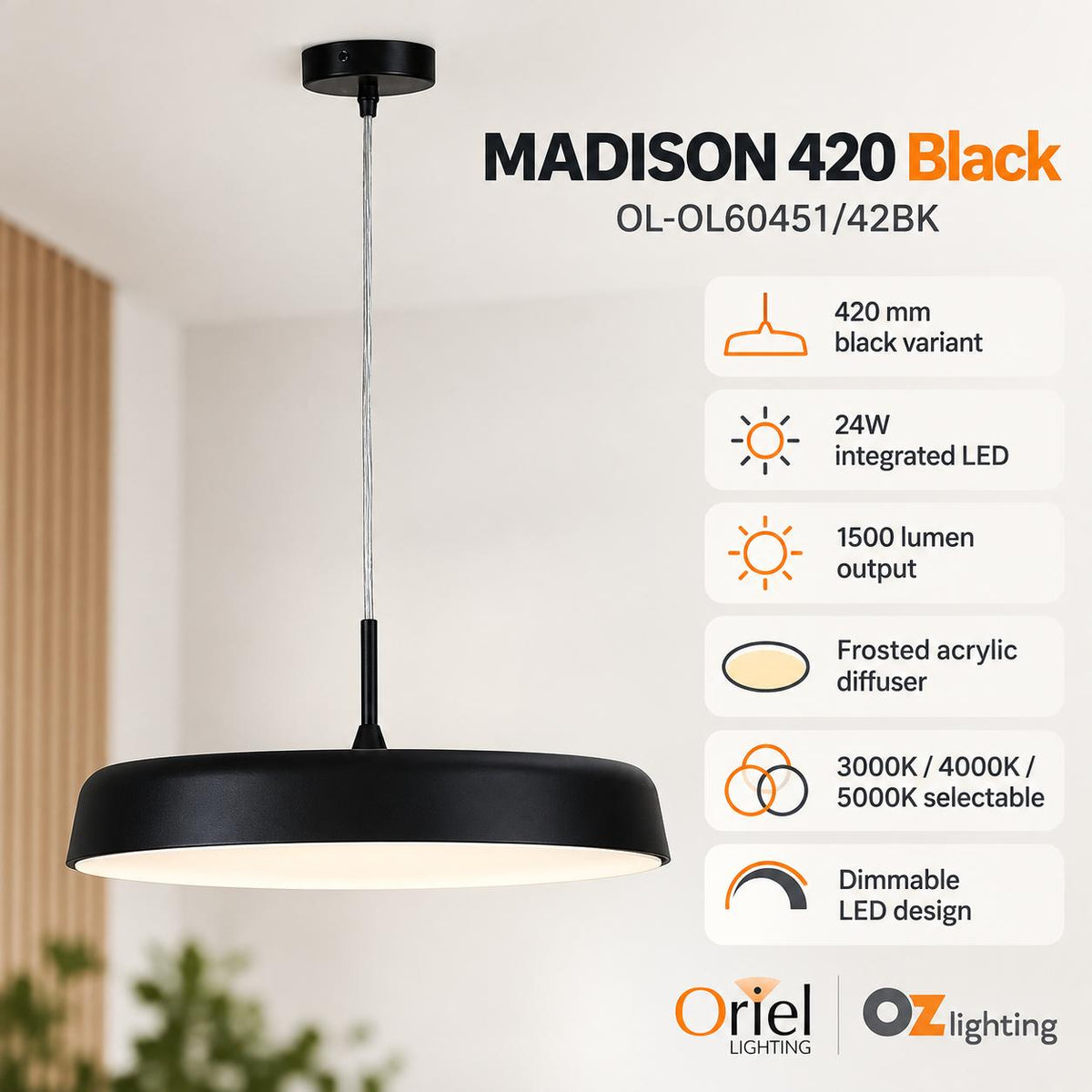 Oriel MADISON LED Pendant - 24W/36W, Tri-Colour Dimmable-Oriel Lighting-Ozlighting.com.au