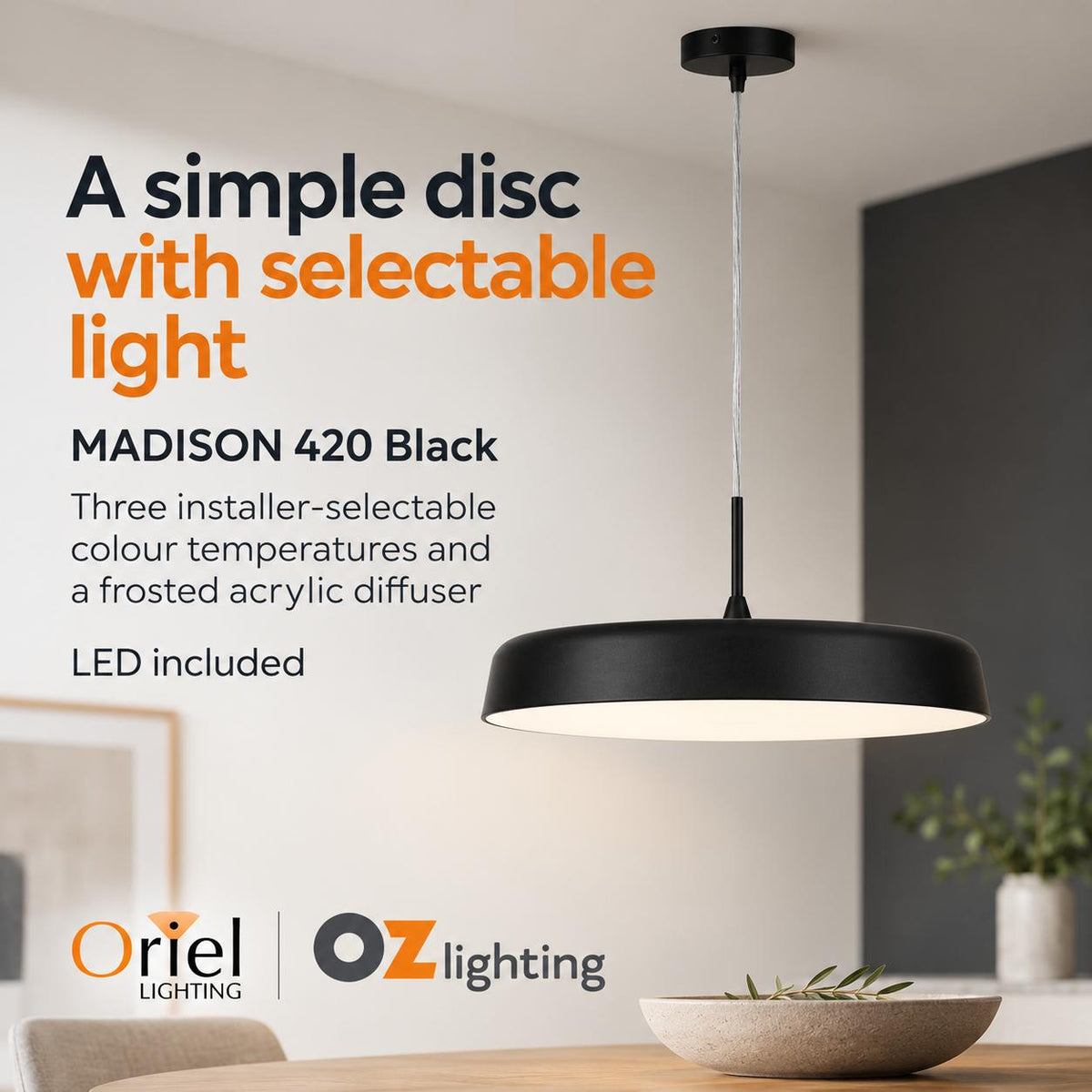 Oriel MADISON LED Pendant - 24W/36W, Tri-Colour Dimmable-Oriel Lighting-Ozlighting.com.au
