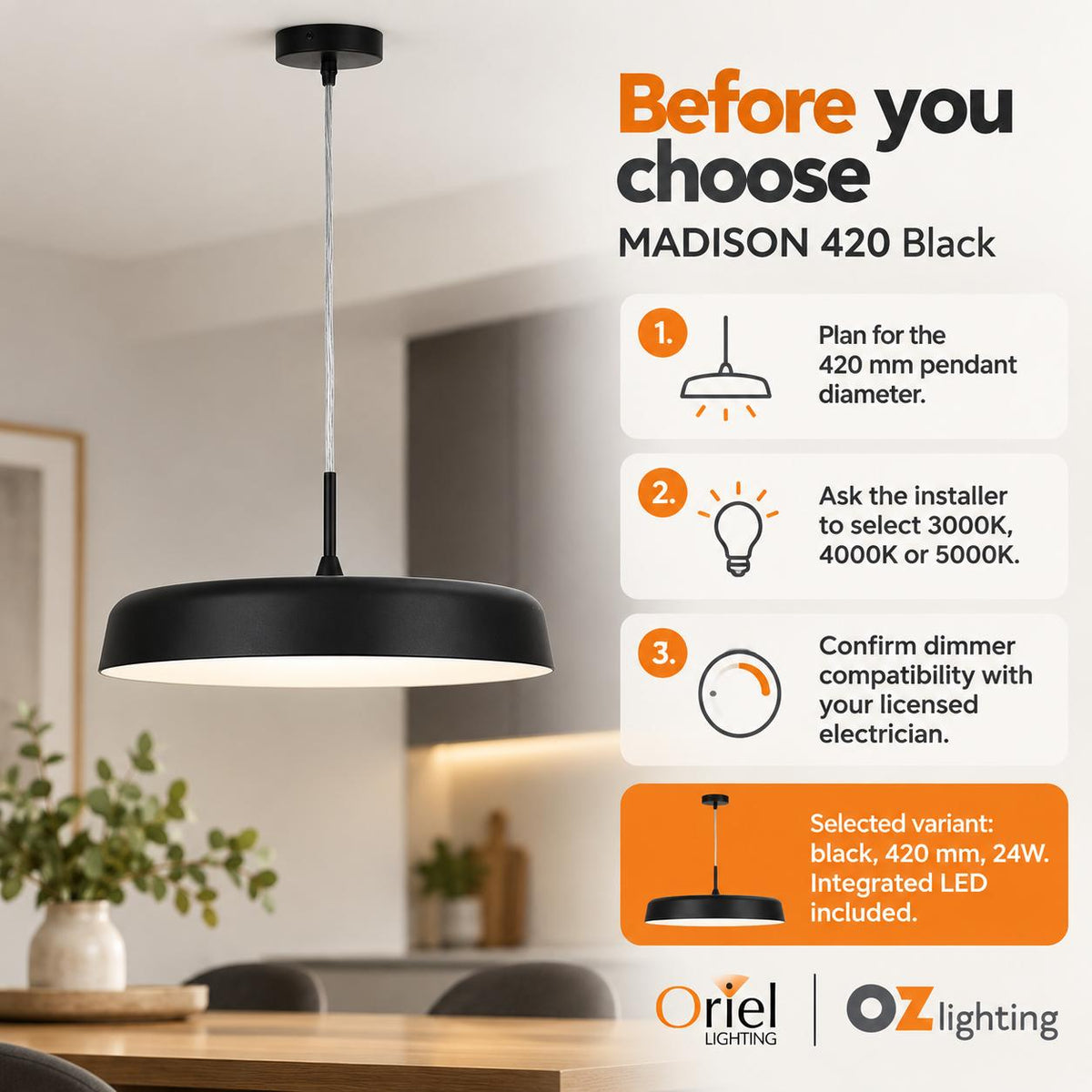 Oriel MADISON LED Pendant - 24W/36W, Tri-Colour Dimmable-Oriel Lighting-Ozlighting.com.au