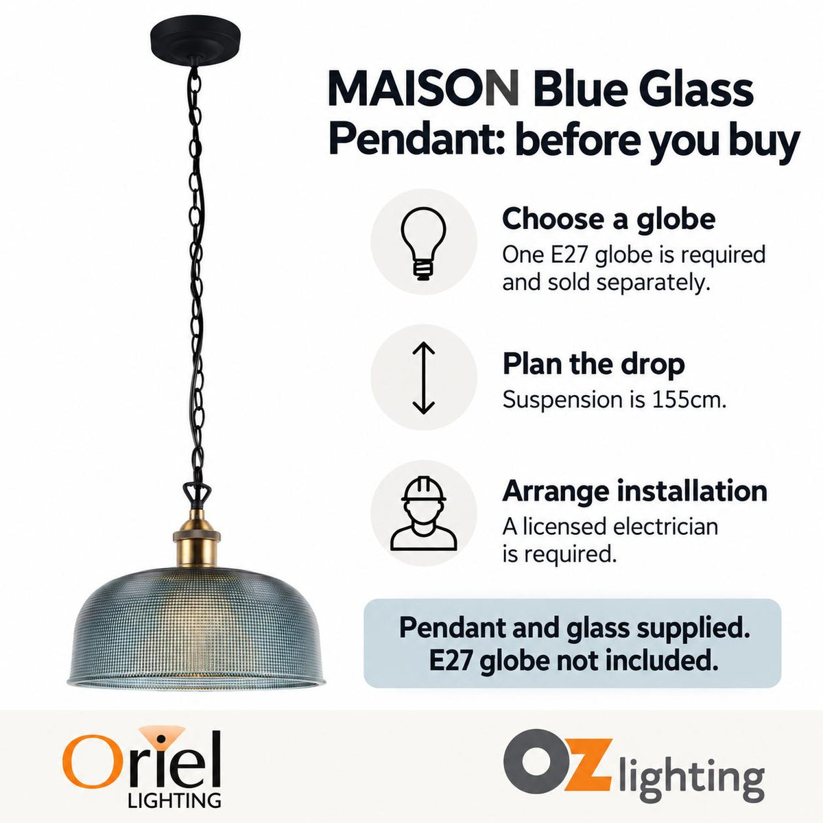 Oriel MAISON Pendant - 1 Light Retro Glass, Blue-Oriel Lighting-Ozlighting.com.au