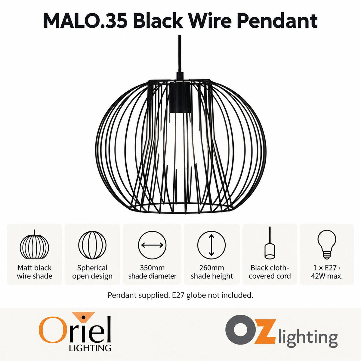 Oriel MALO Pendant - 1 Light Wire-Oriel Lighting-Ozlighting.com.au