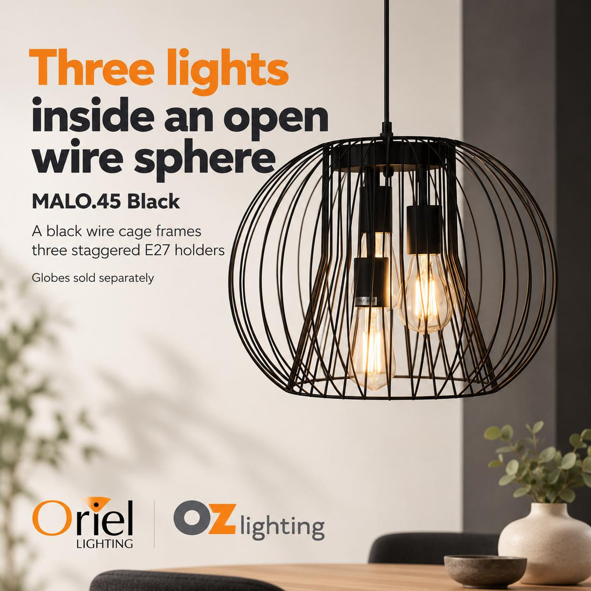 Oriel MALO Pendant - 3 Light Wire-Oriel Lighting-Ozlighting.com.au