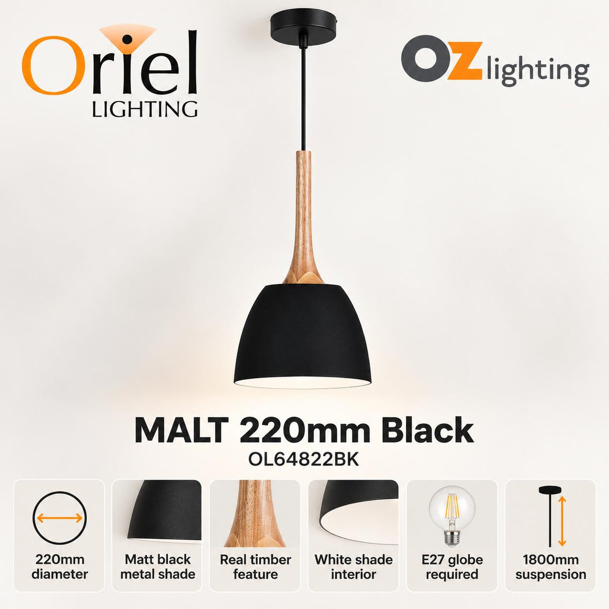 Oriel MALT Pendant - 1 Light Industrial Style-Oriel Lighting-Ozlighting.com.au