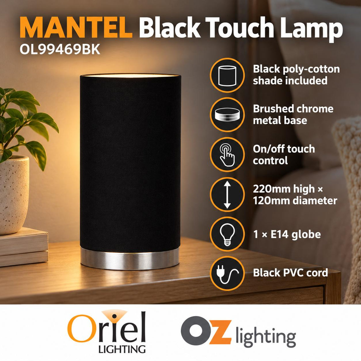 Oriel MANTEL Touch Lamp Base - Black-Oriel Lighting-Ozlighting.com.au