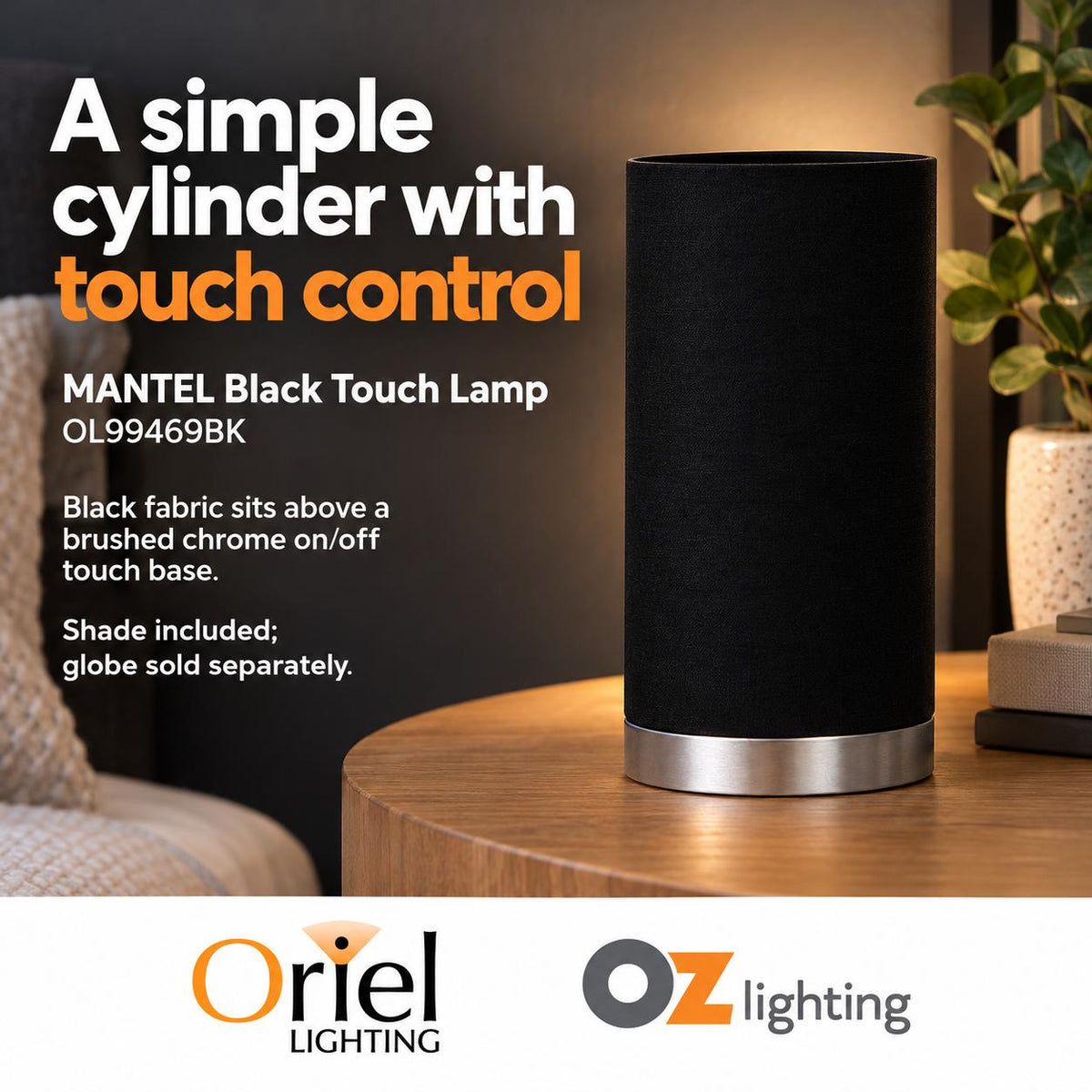 Oriel MANTEL Touch Lamp Base - Black-Oriel Lighting-Ozlighting.com.au