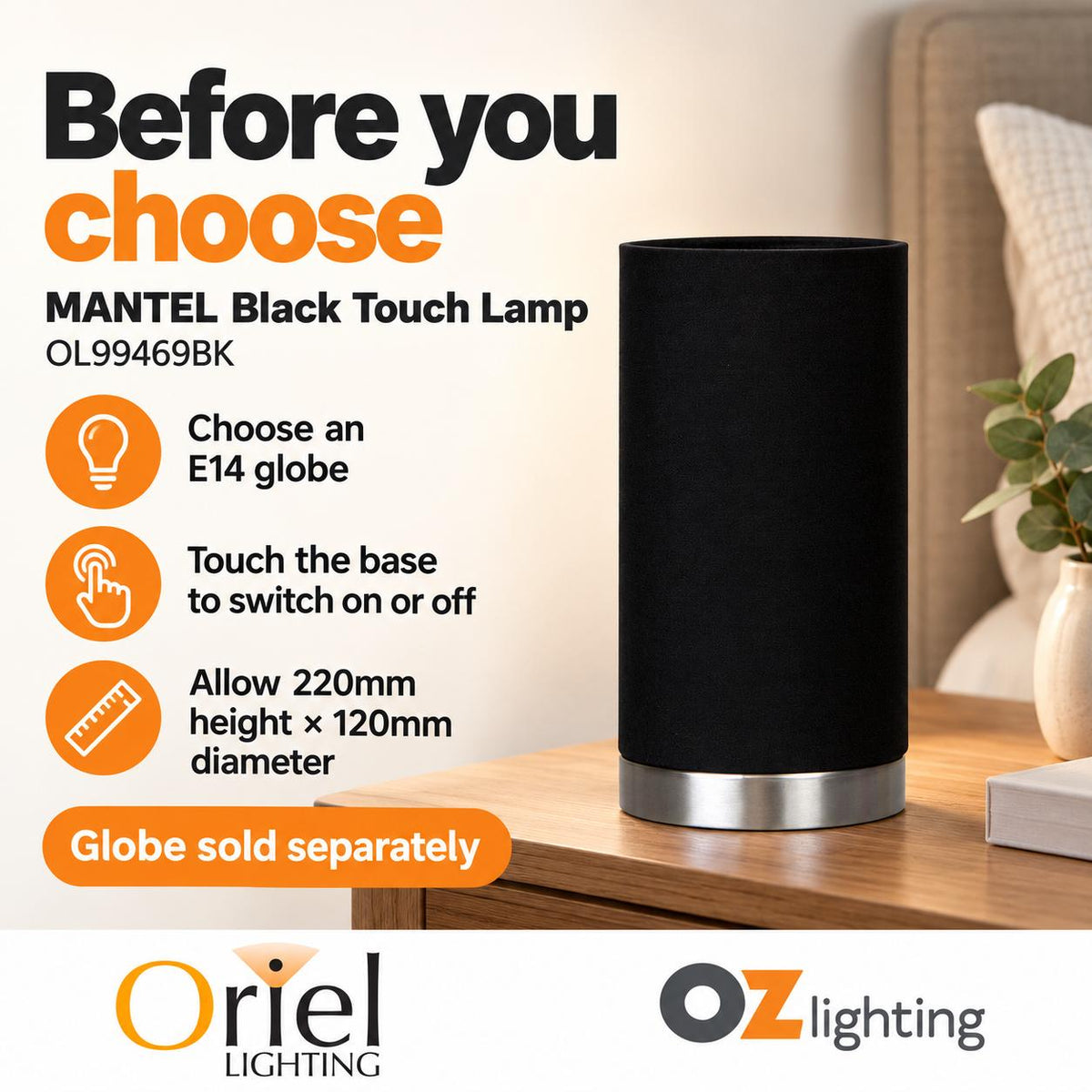 Oriel MANTEL Touch Lamp Base - Black-Oriel Lighting-Ozlighting.com.au