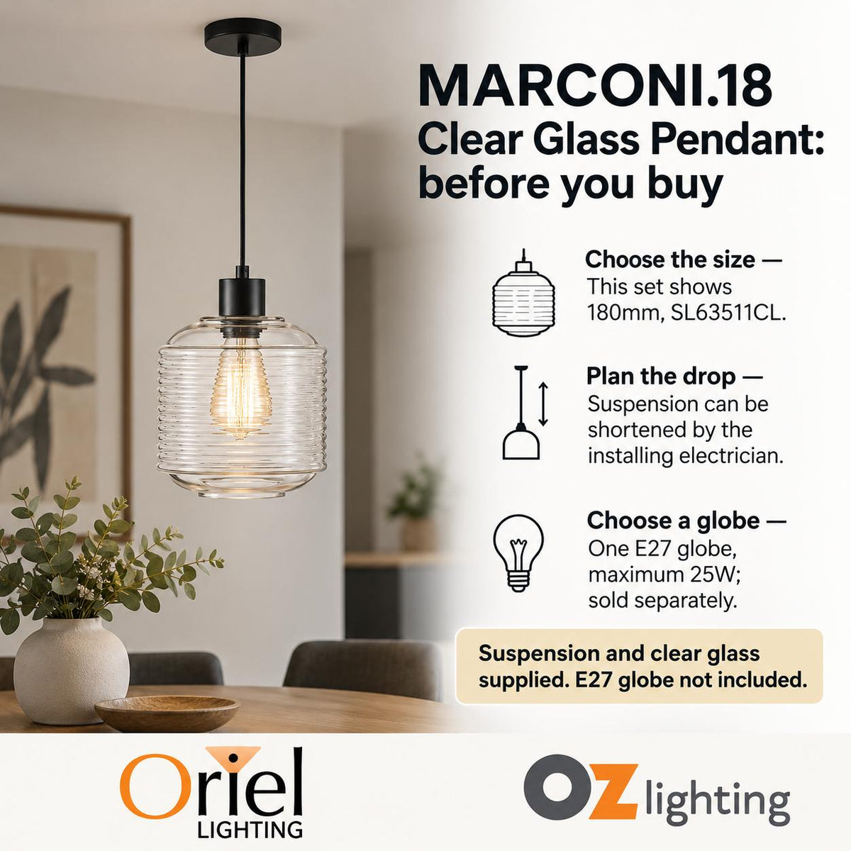 Oriel MARCONI Pendant - 1 Light Clear Glass-Oriel Lighting-Ozlighting.com.au