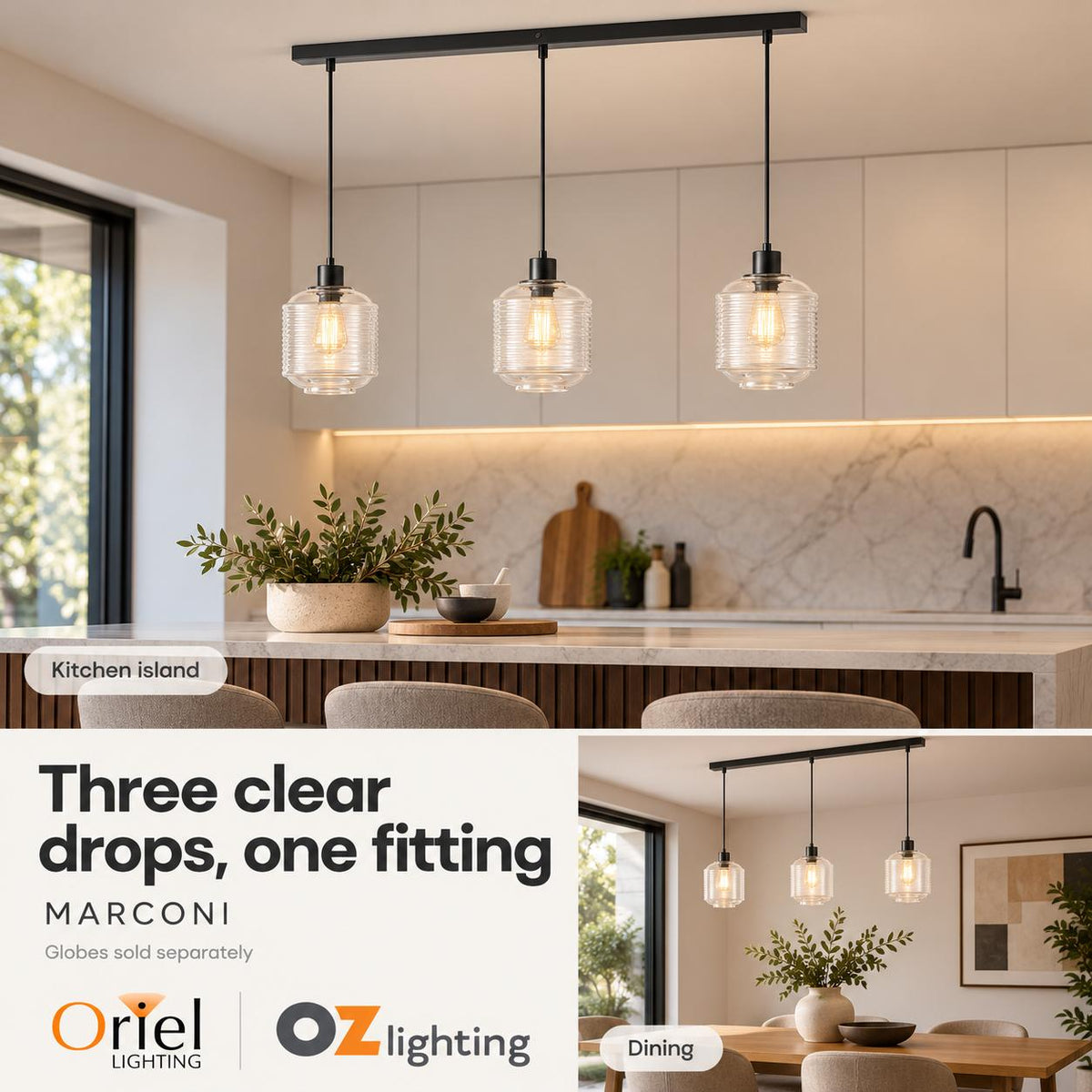 Oriel MARCONI Pendant - 3 Light Clear Glass-Oriel Lighting-Ozlighting.com.au