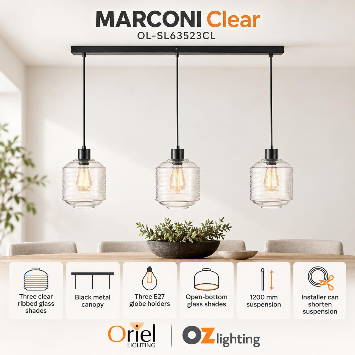 Oriel MARCONI Pendant - 3 Light Clear Glass-Oriel Lighting-Ozlighting.com.au