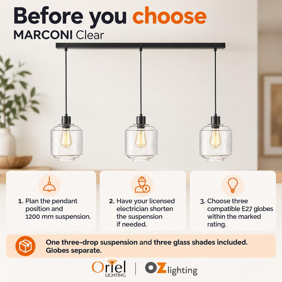 Oriel MARCONI Pendant - 3 Light Clear Glass-Oriel Lighting-Ozlighting.com.au