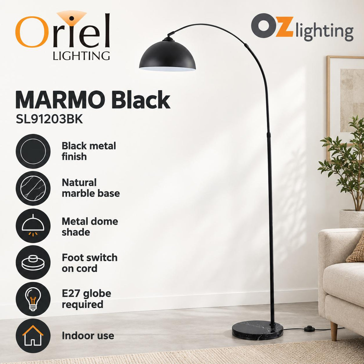Oriel MARMO Floor Lamp - Marble Base Foot Switch-Oriel Lighting-Ozlighting.com.au