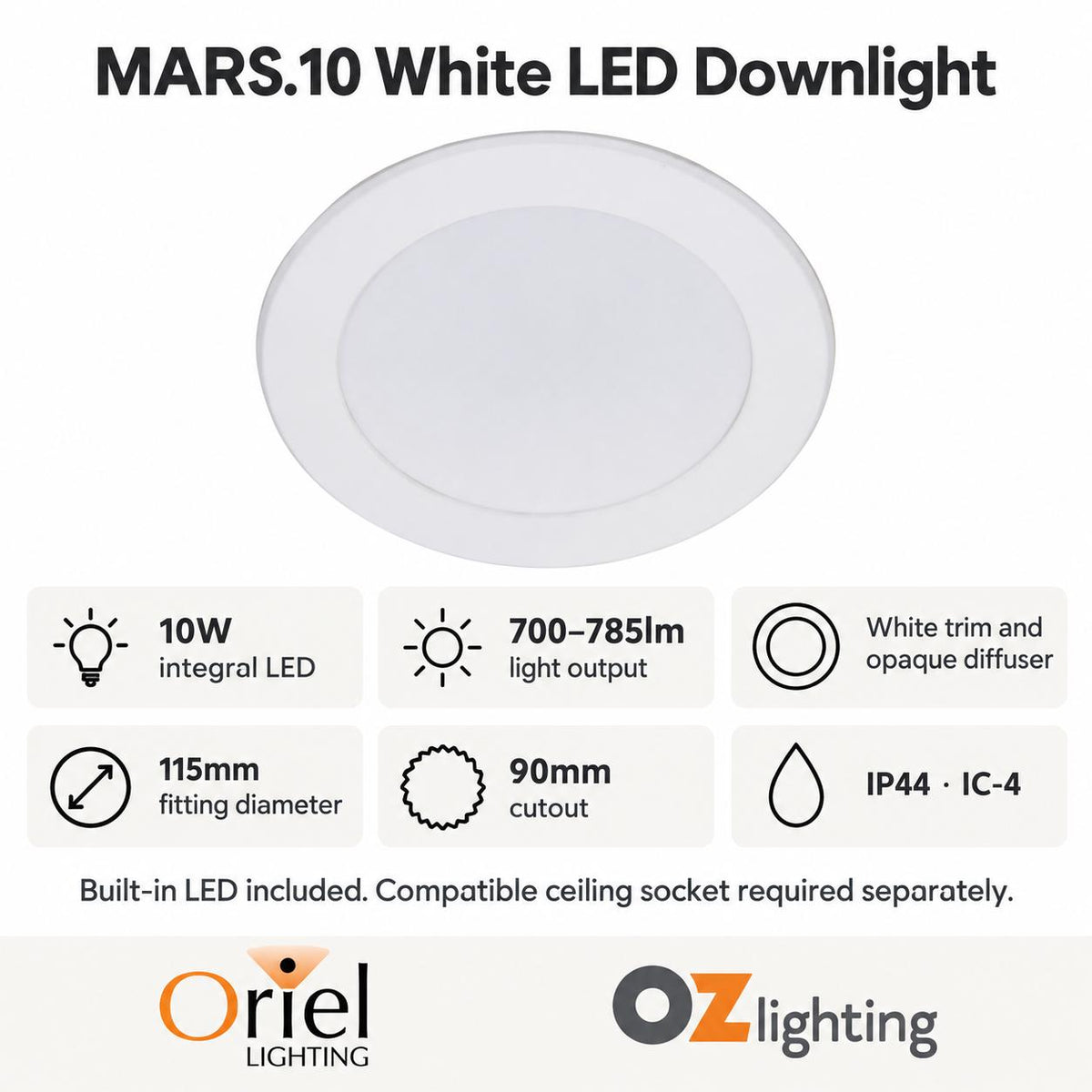 Oriel MARS LED Downlight - 10W/15W, Tri-Colour Dimmable Flat Face PC, IP44-Oriel Lighting-Ozlighting.com.au