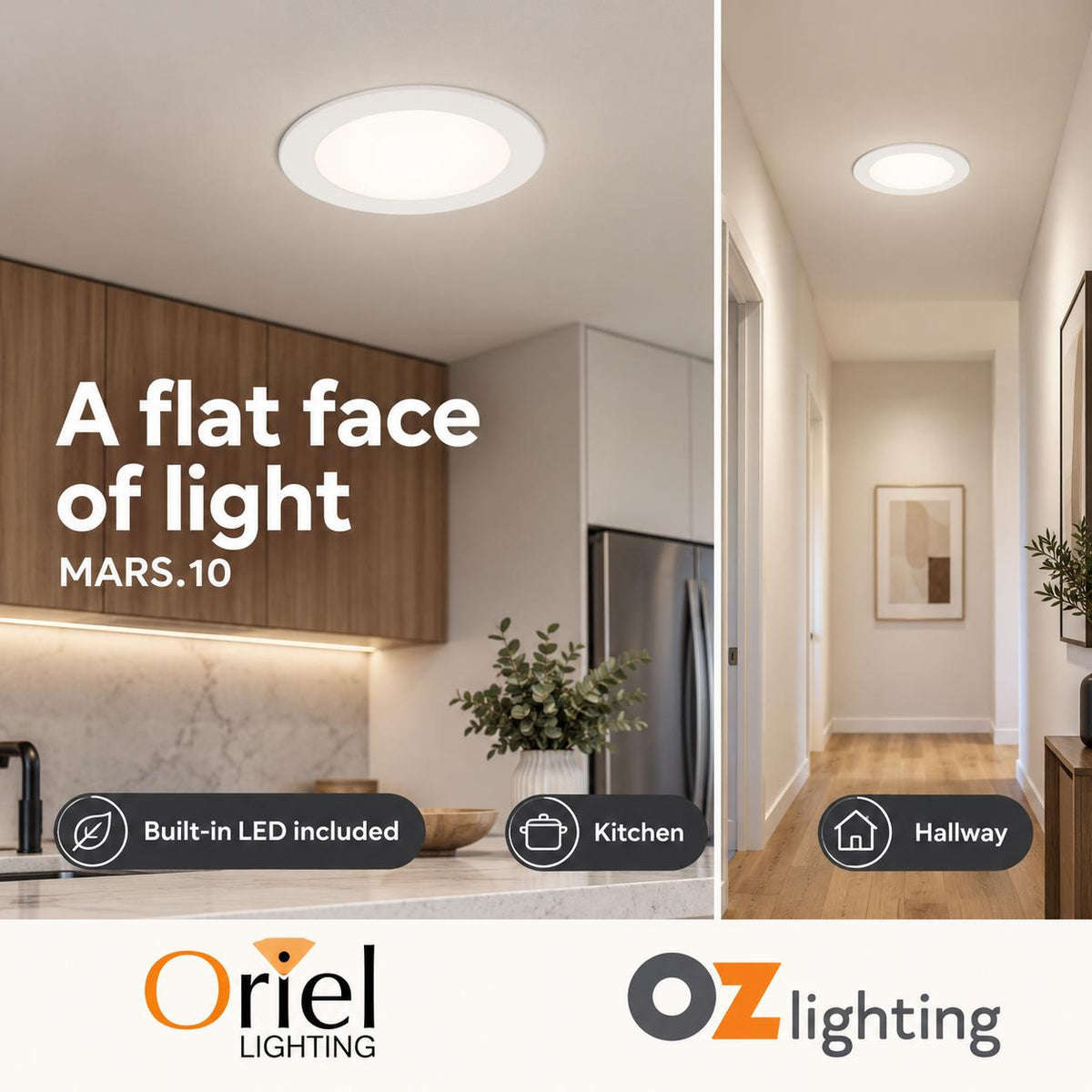 Oriel MARS LED Downlight - 10W/15W, Tri-Colour Dimmable Flat Face PC, IP44-Oriel Lighting-Ozlighting.com.au