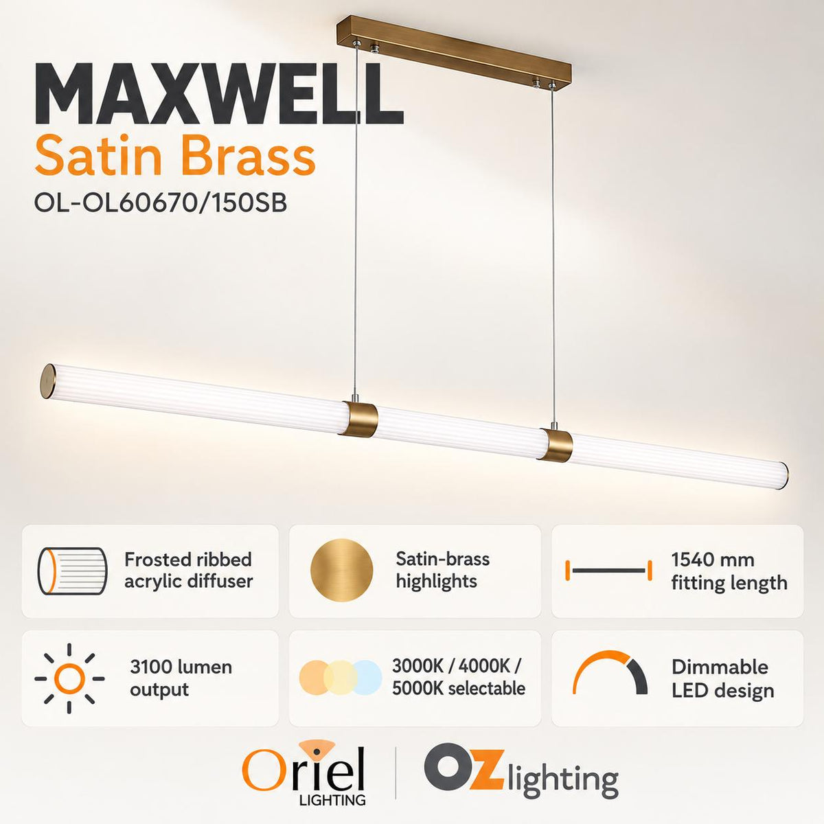 Oriel MAXWELL Pendant - 1 Light, Satin Brass-Oriel Lighting-Ozlighting.com.au