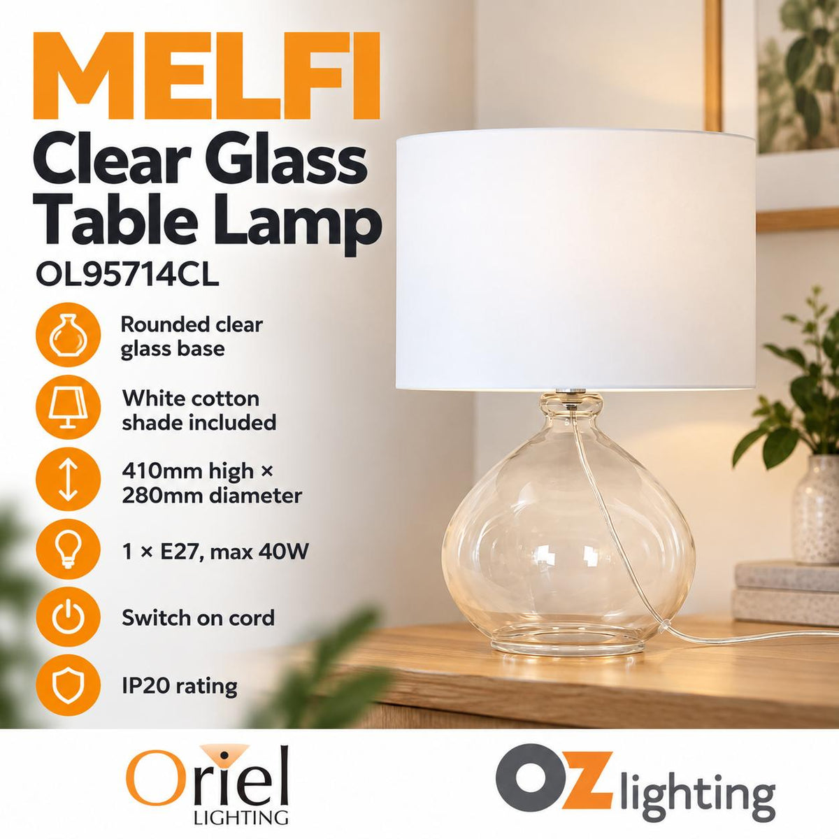 Oriel MELFI Table Lamp - Clear Glass-Oriel Lighting-Ozlighting.com.au