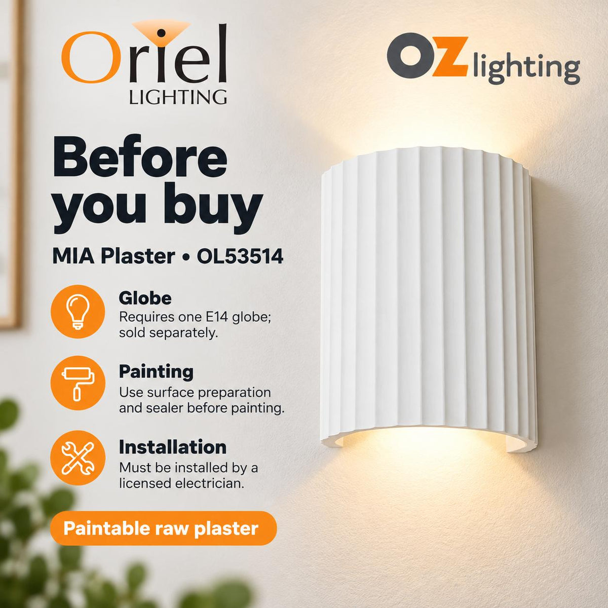 Oriel MIA Wall Light - 42W, Plaster-Oriel Lighting-Ozlighting.com.au