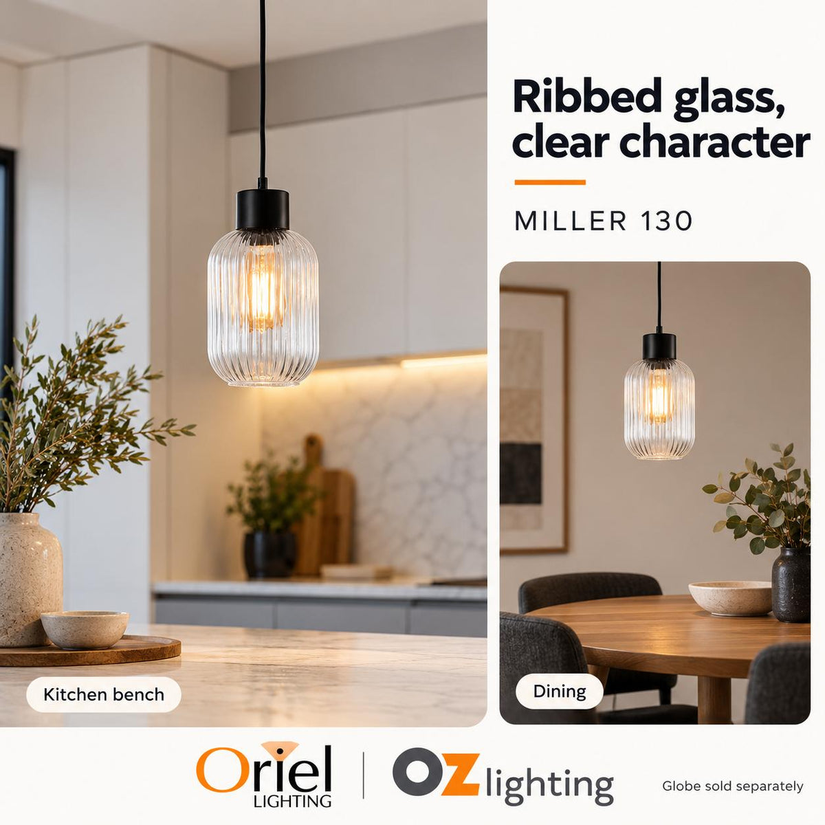 Oriel MILLER Pendant - 1 Light Single Glass-Oriel Lighting-Ozlighting.com.au