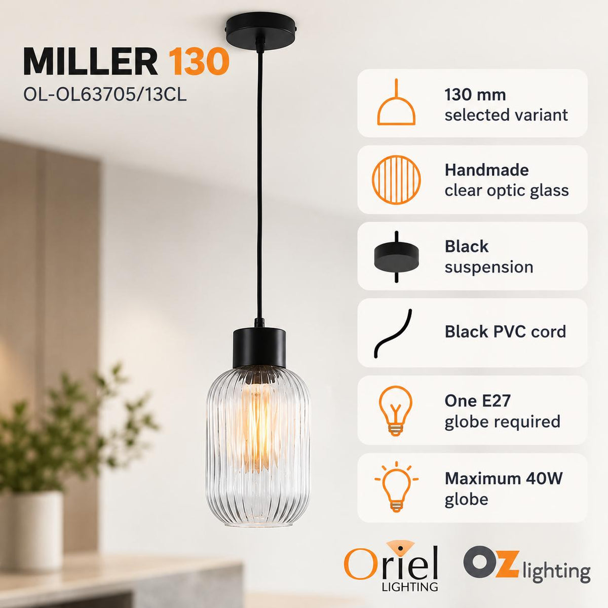 Oriel MILLER Pendant - 1 Light Single Glass-Oriel Lighting-Ozlighting.com.au