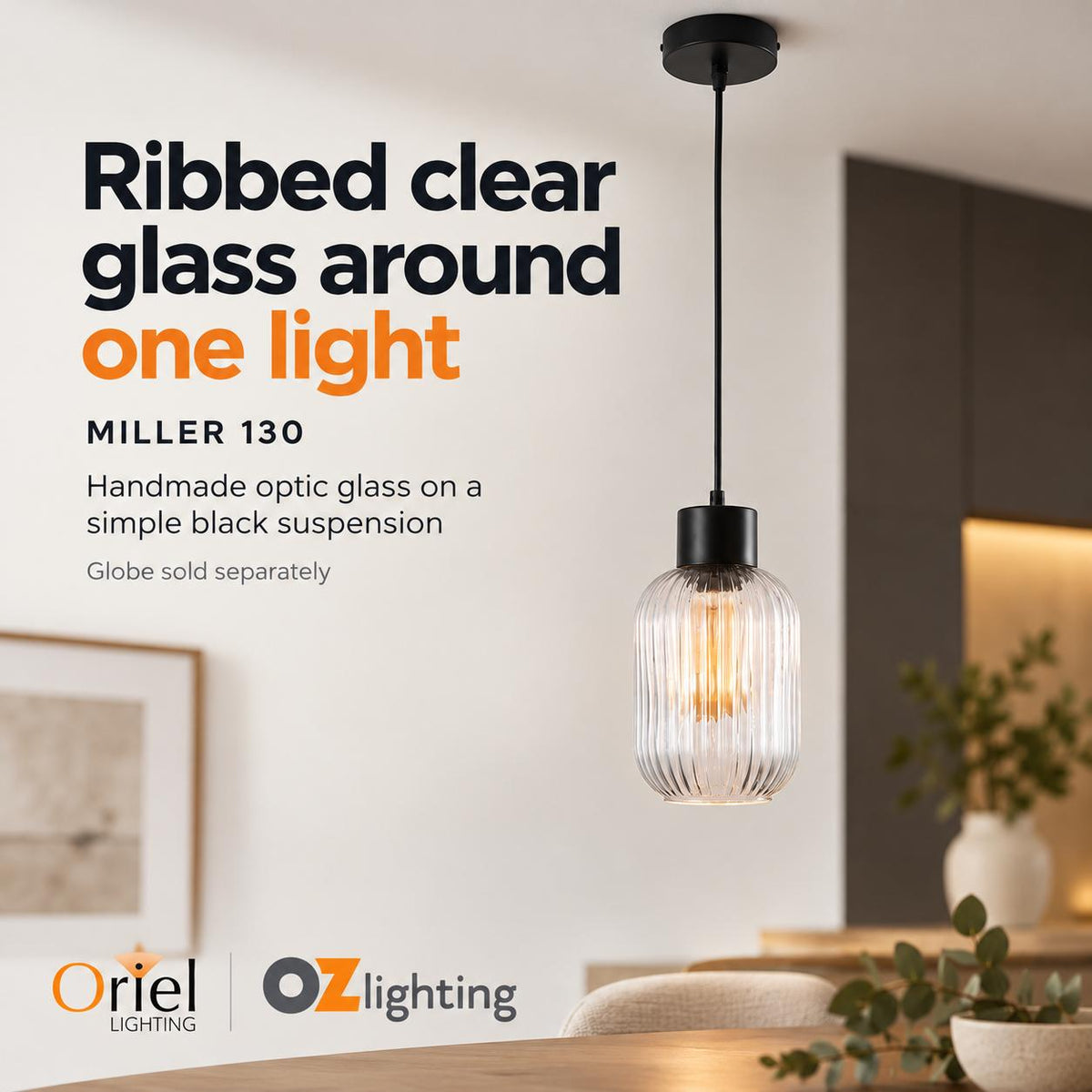 Oriel MILLER Pendant - 1 Light Single Glass-Oriel Lighting-Ozlighting.com.au