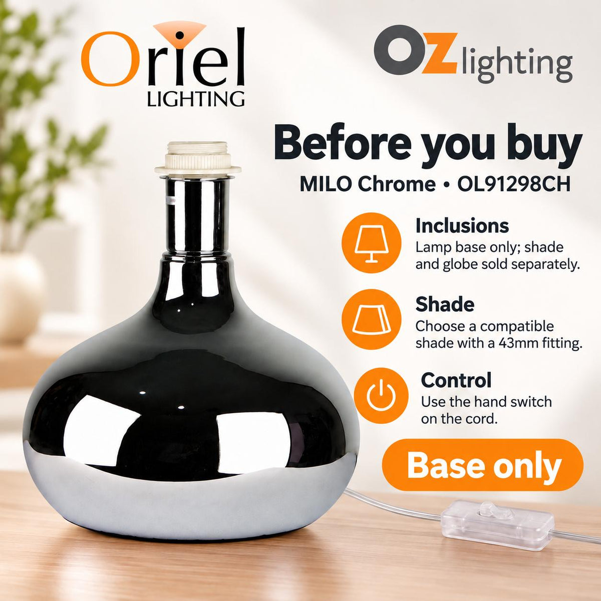 Oriel MILO Table Lamp Base Only - Glazed Chrome-Oriel Lighting-Ozlighting.com.au