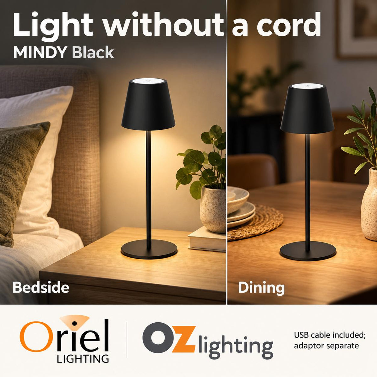 Oriel MINDY Table Lamp - 3W, Rechargeable-Oriel Lighting-Ozlighting.com.au