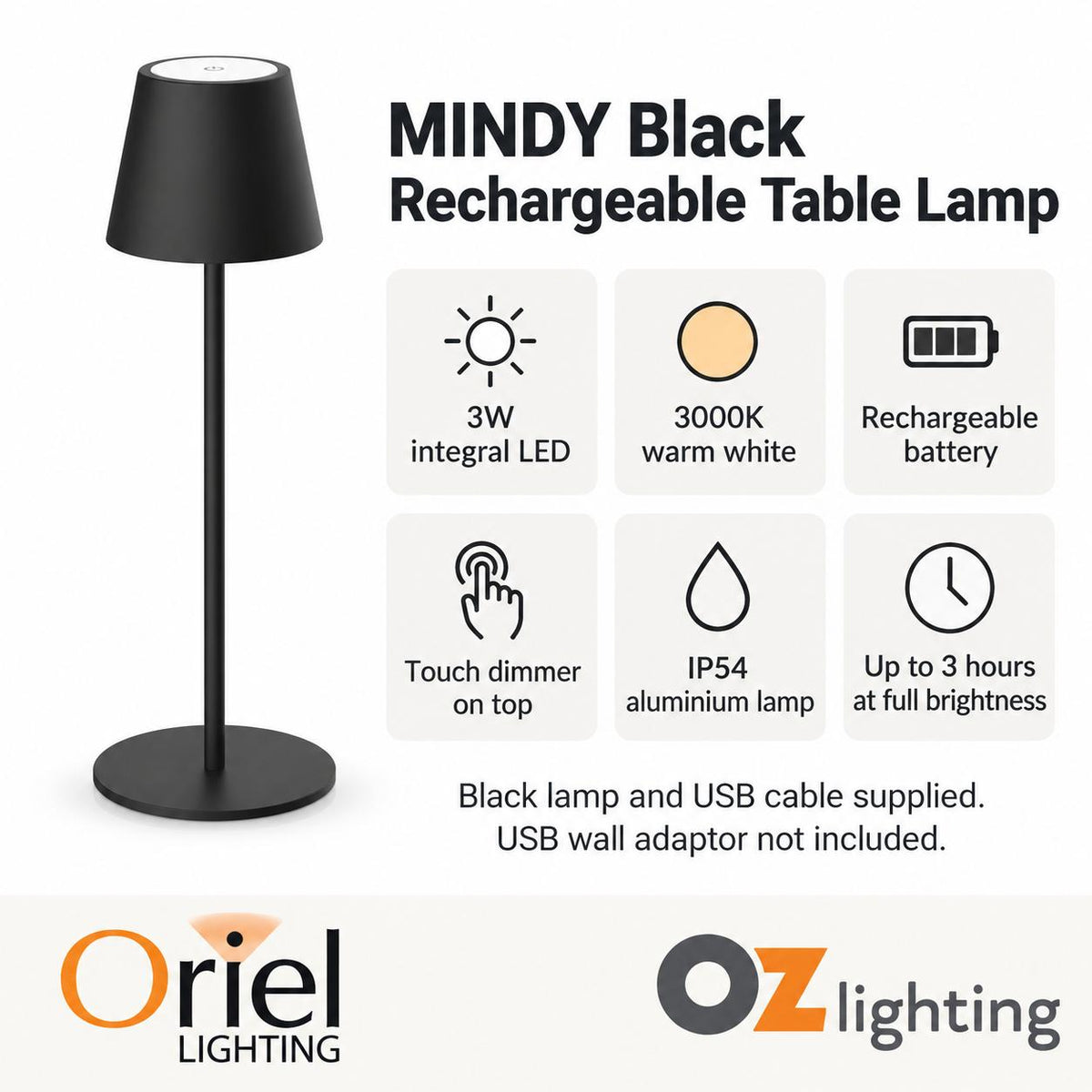 Oriel MINDY Table Lamp - 3W, Rechargeable-Oriel Lighting-Ozlighting.com.au