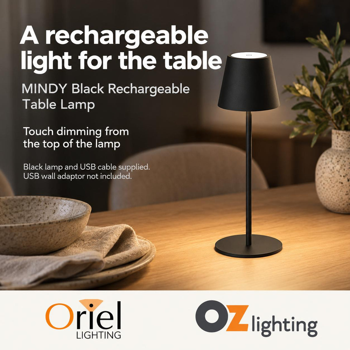 Oriel MINDY Table Lamp - 3W, Rechargeable-Oriel Lighting-Ozlighting.com.au