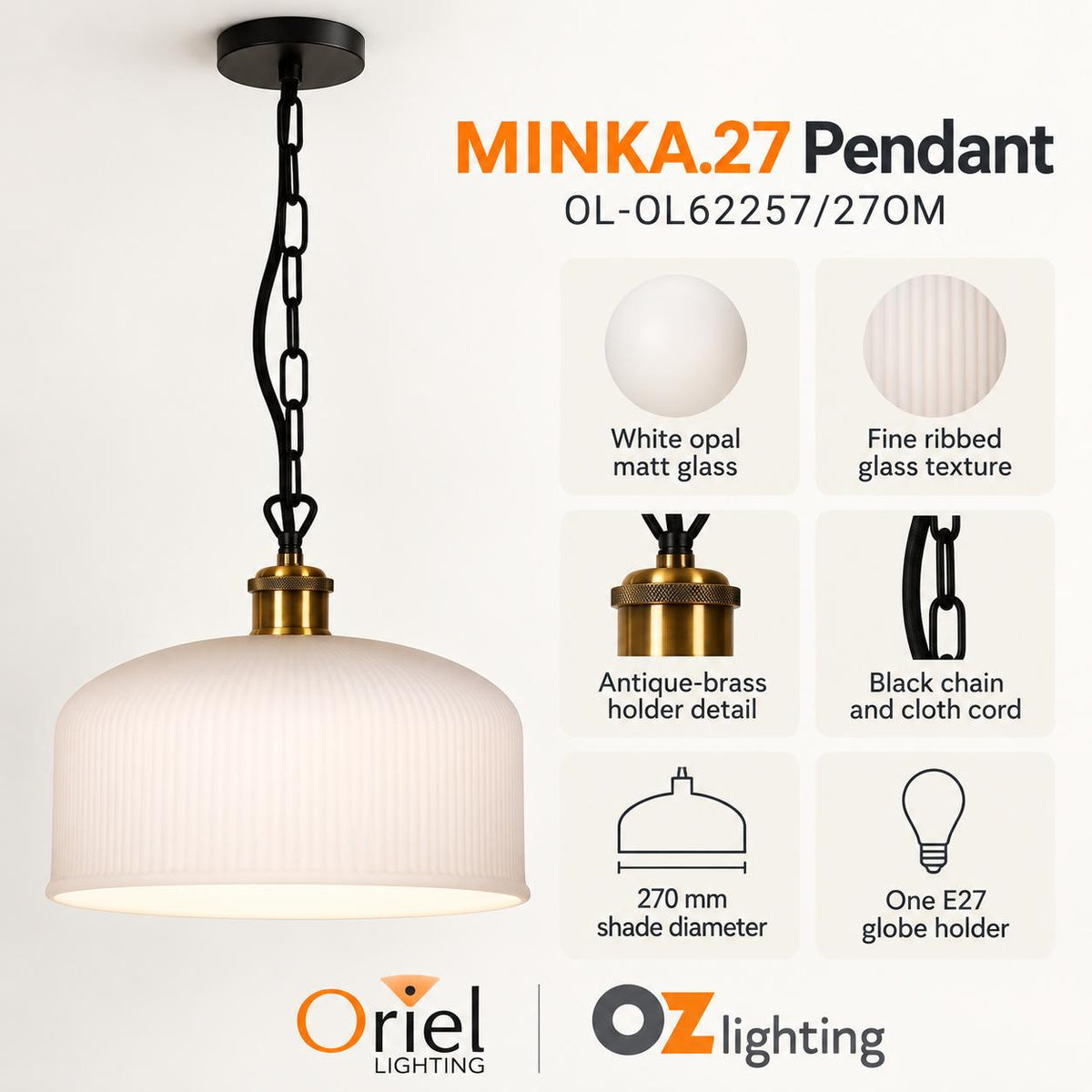 Oriel MINKA.27 Pendant - 1 Light-Oriel Lighting-Ozlighting.com.au