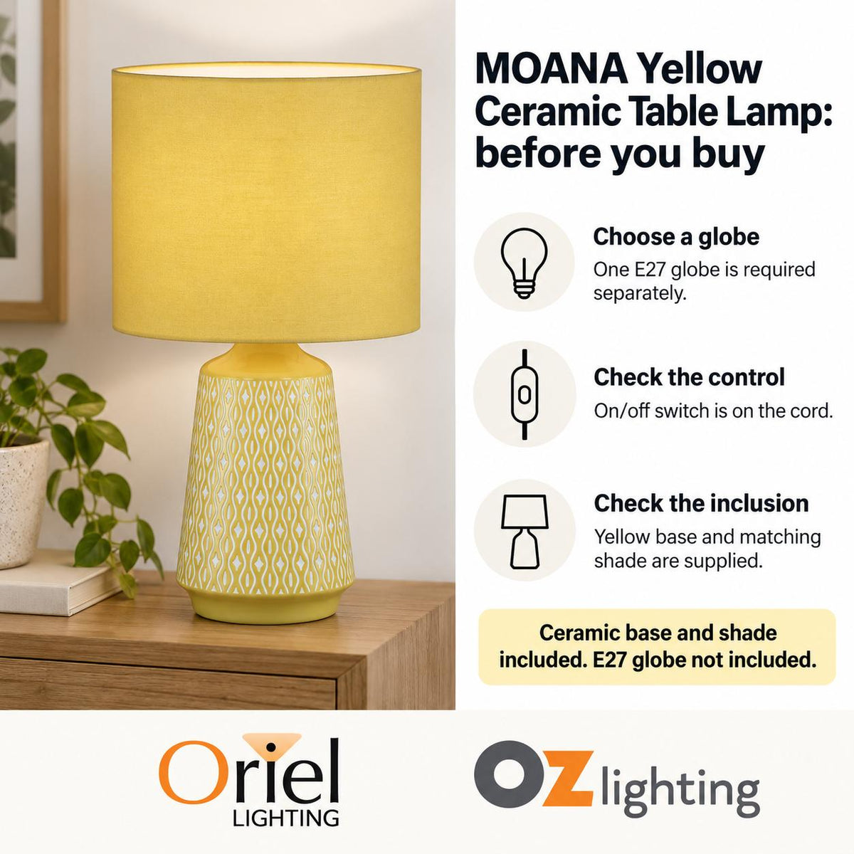 Oriel MOANA-TL Table Lamp - Ceramic, Yellow-Oriel Lighting-Ozlighting.com.au