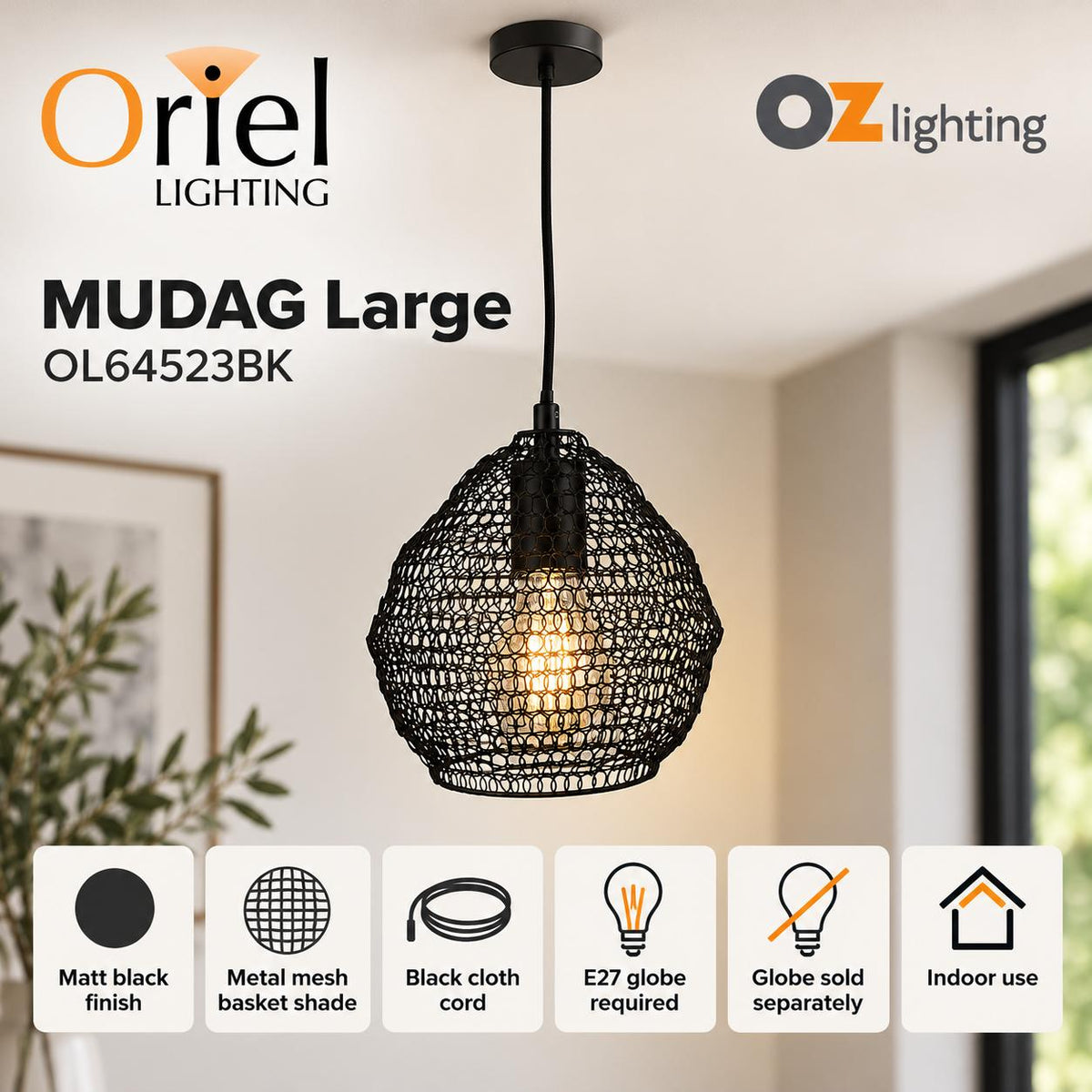 Oriel MUDAG Pendant - 1 Light Mesh-Oriel Lighting-Ozlighting.com.au