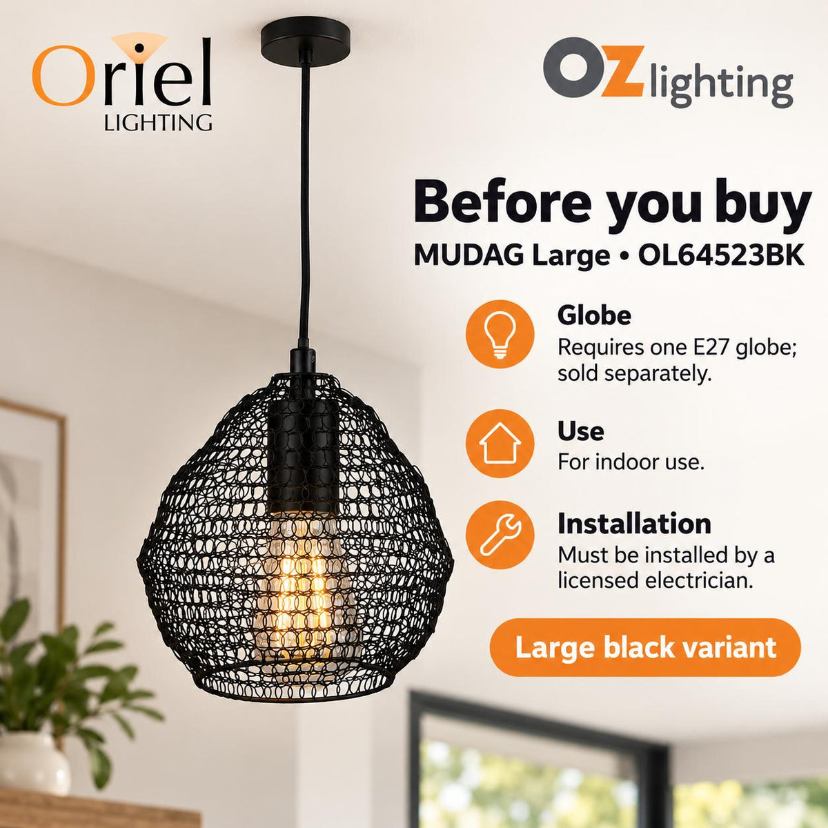 Oriel MUDAG Pendant - 1 Light Mesh-Oriel Lighting-Ozlighting.com.au