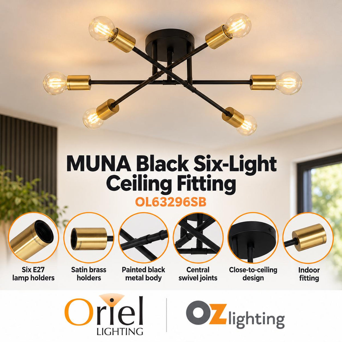 Oriel MUNA Ceiling Light - 6-Light Satin Brass-Oriel Lighting-Ozlighting.com.au