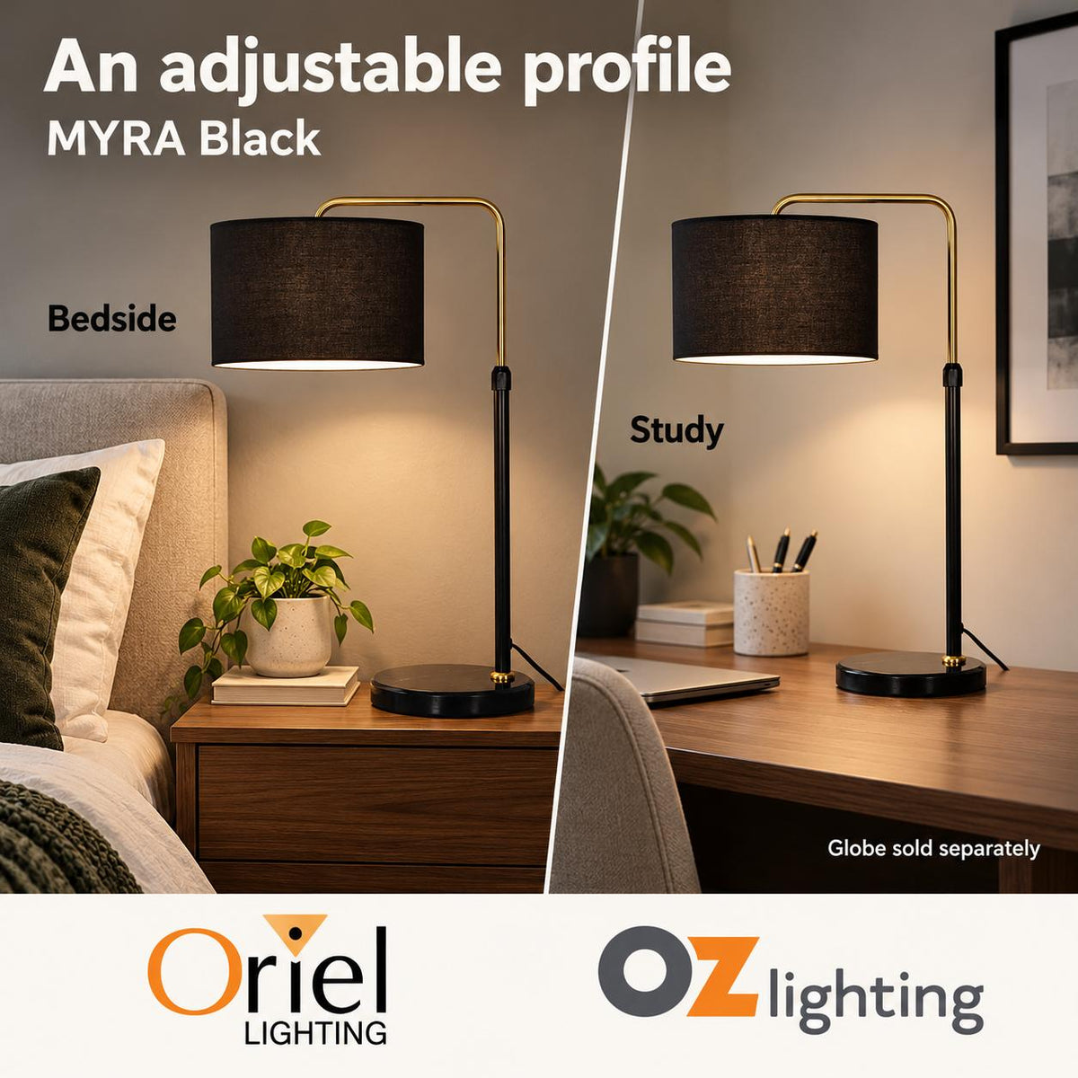 Oriel MYRA Table Lamp - Max. 40W, Adjustable-Oriel Lighting-Ozlighting.com.au