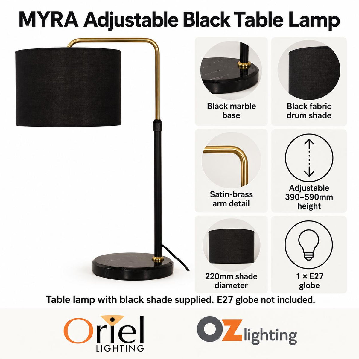Oriel MYRA Table Lamp - Max. 40W, Adjustable-Oriel Lighting-Ozlighting.com.au