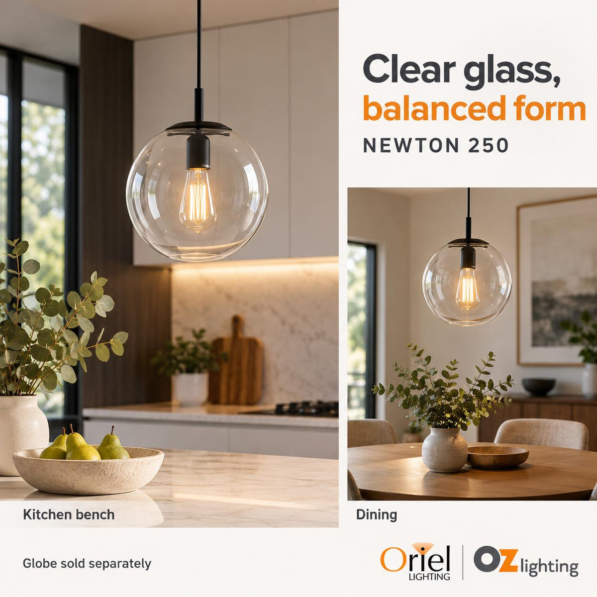 Oriel NEWTON Pendant - 250/300/400mm 1 Light Clear Glass, Matte Black / 250mm-Oriel Lighting-Ozlighting.com.au
