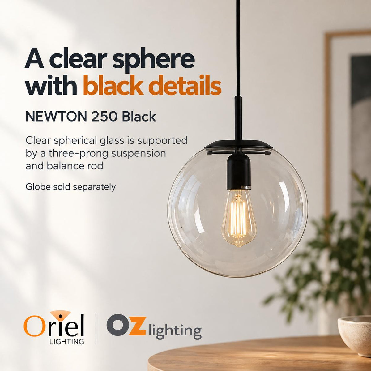 Oriel NEWTON Pendant - 250/300/400mm 1 Light Clear Glass, Matte Black / 250mm-Oriel Lighting-Ozlighting.com.au