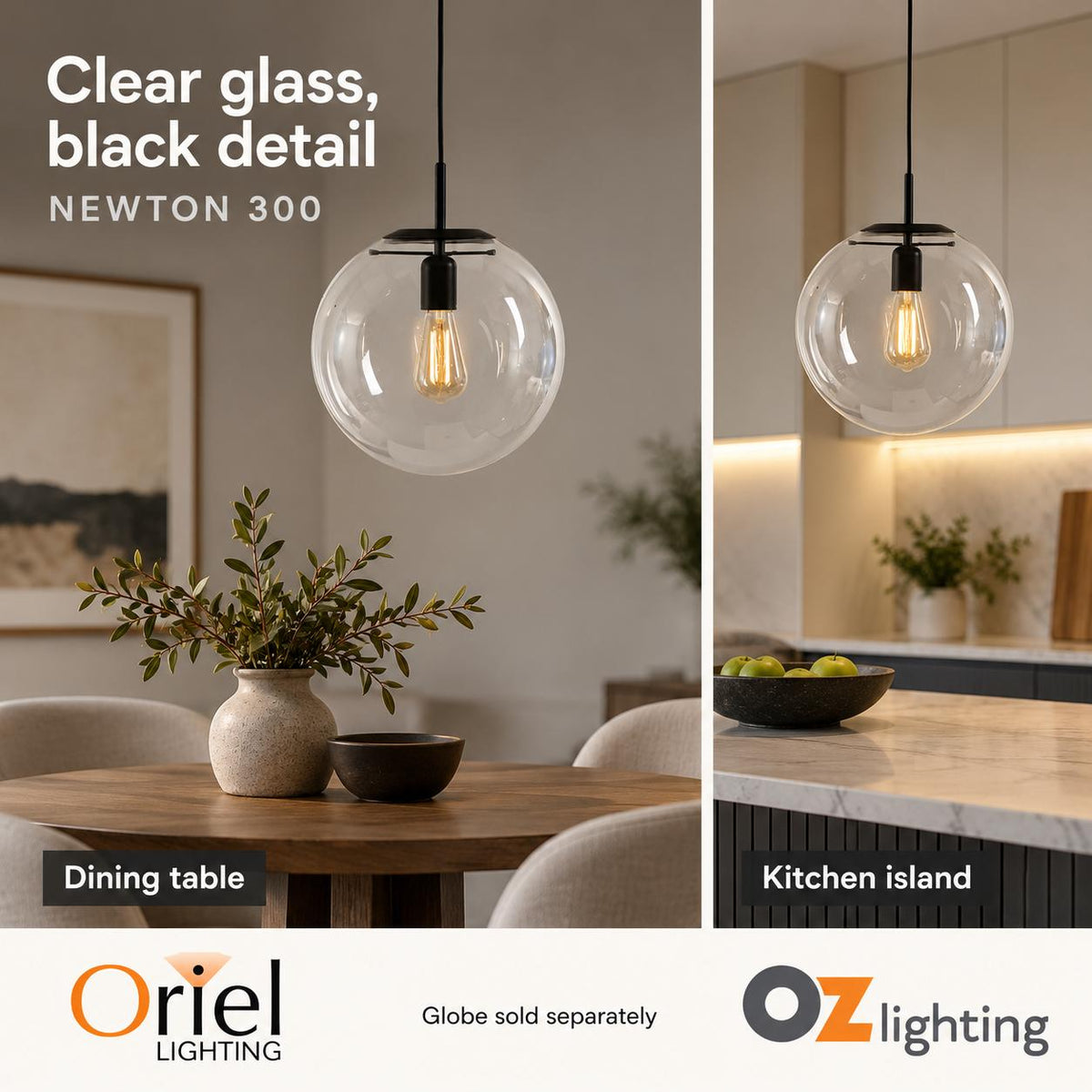 Oriel NEWTON Pendant - 250/300/400mm 1 Light Clear Glass-Oriel Lighting-Ozlighting.com.au