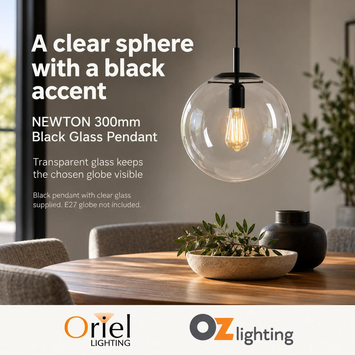 Oriel NEWTON Pendant - 250/300/400mm 1 Light Clear Glass-Oriel Lighting-Ozlighting.com.au