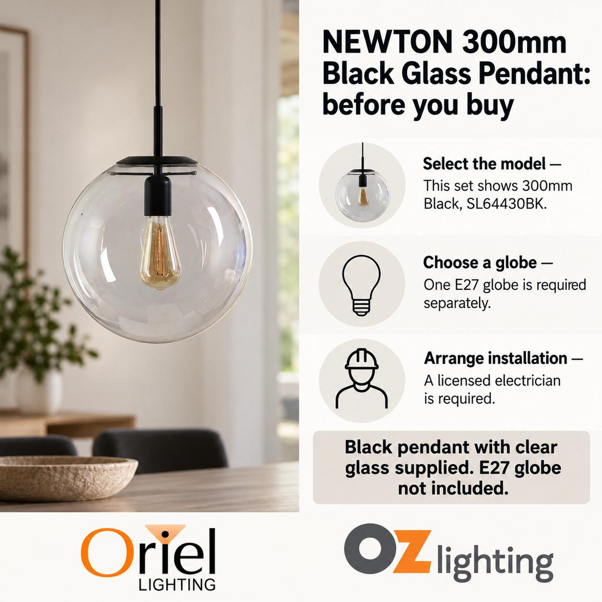 Oriel NEWTON Pendant - 250/300/400mm 1 Light Clear Glass-Oriel Lighting-Ozlighting.com.au