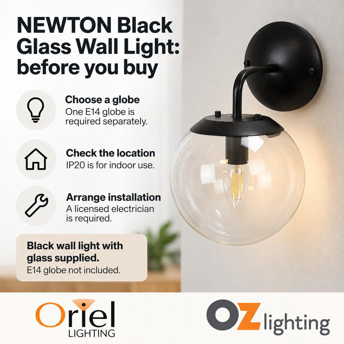 Oriel NEWTON Wall Light - 1 Light Glass Interior, Matt Black-Oriel Lighting-Ozlighting.com.au