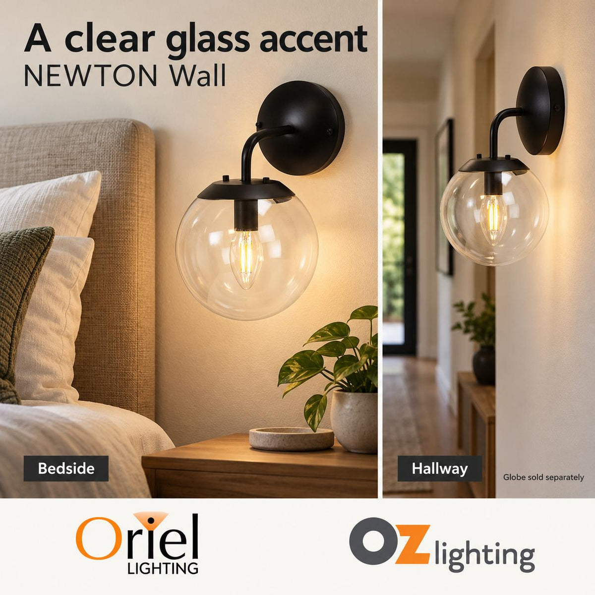 Oriel NEWTON Wall Light - 1 Light Glass Interior, Matt Black-Oriel Lighting-Ozlighting.com.au