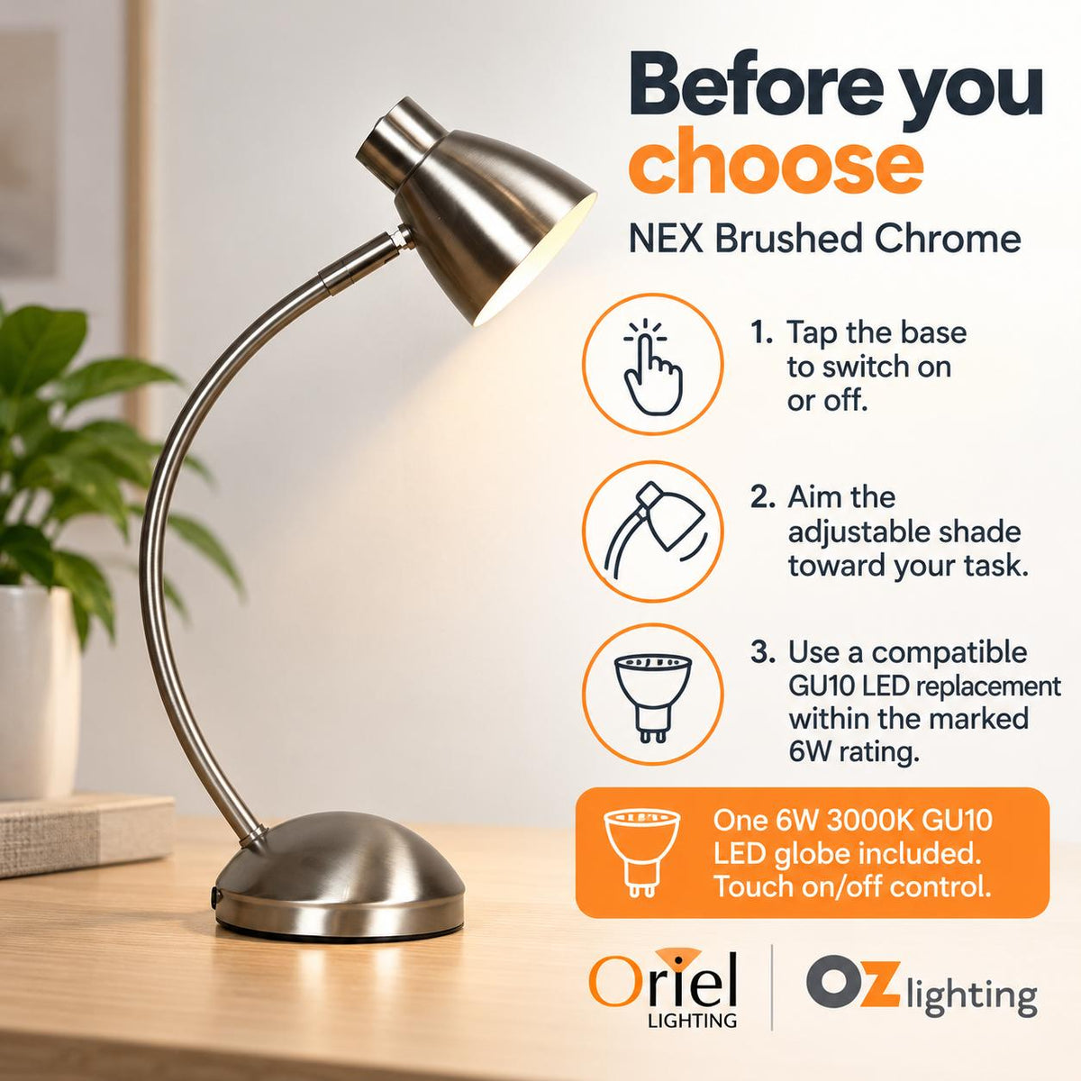 Oriel NEX Touch LED Desk & Table Lamp - 6W, Task, 3000K-Oriel Lighting-Ozlighting.com.au