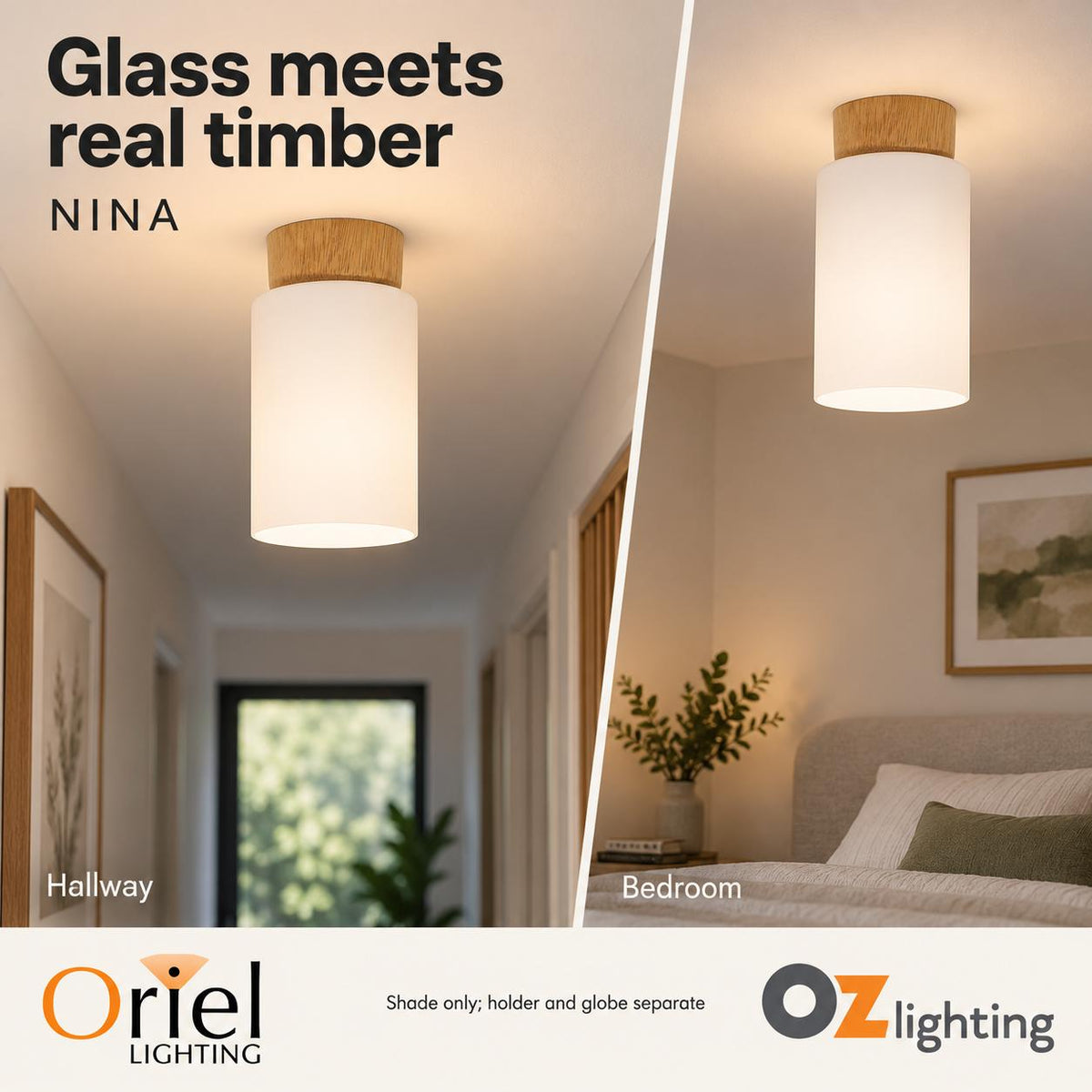 Oriel NINA DIY Shade - Glass & Timber-Oriel Lighting-Ozlighting.com.au