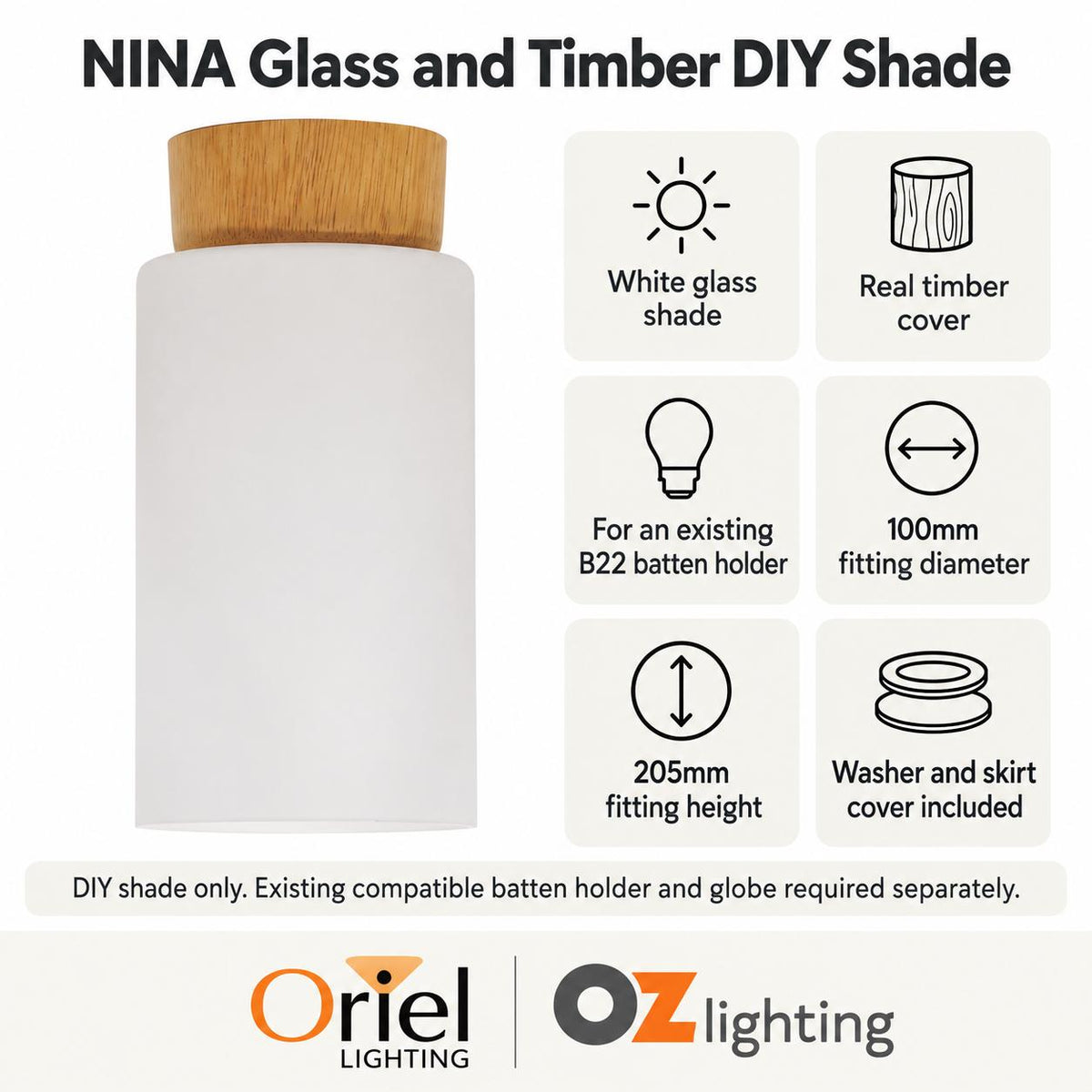 Oriel NINA DIY Shade - Glass & Timber-Oriel Lighting-Ozlighting.com.au