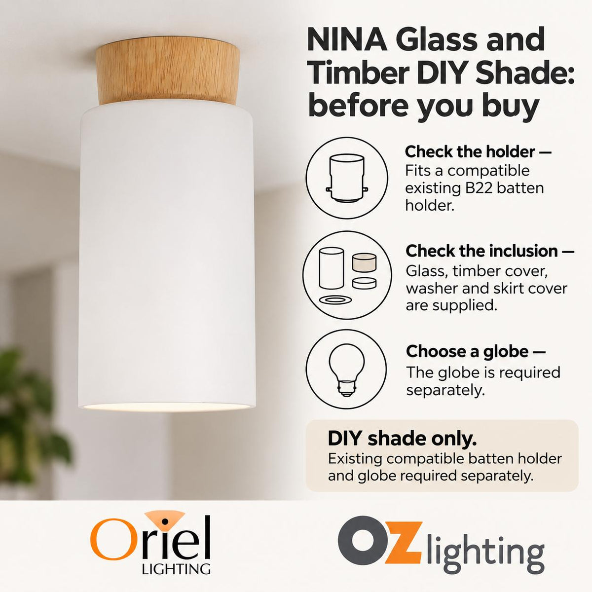 Oriel NINA DIY Shade - Glass & Timber-Oriel Lighting-Ozlighting.com.au