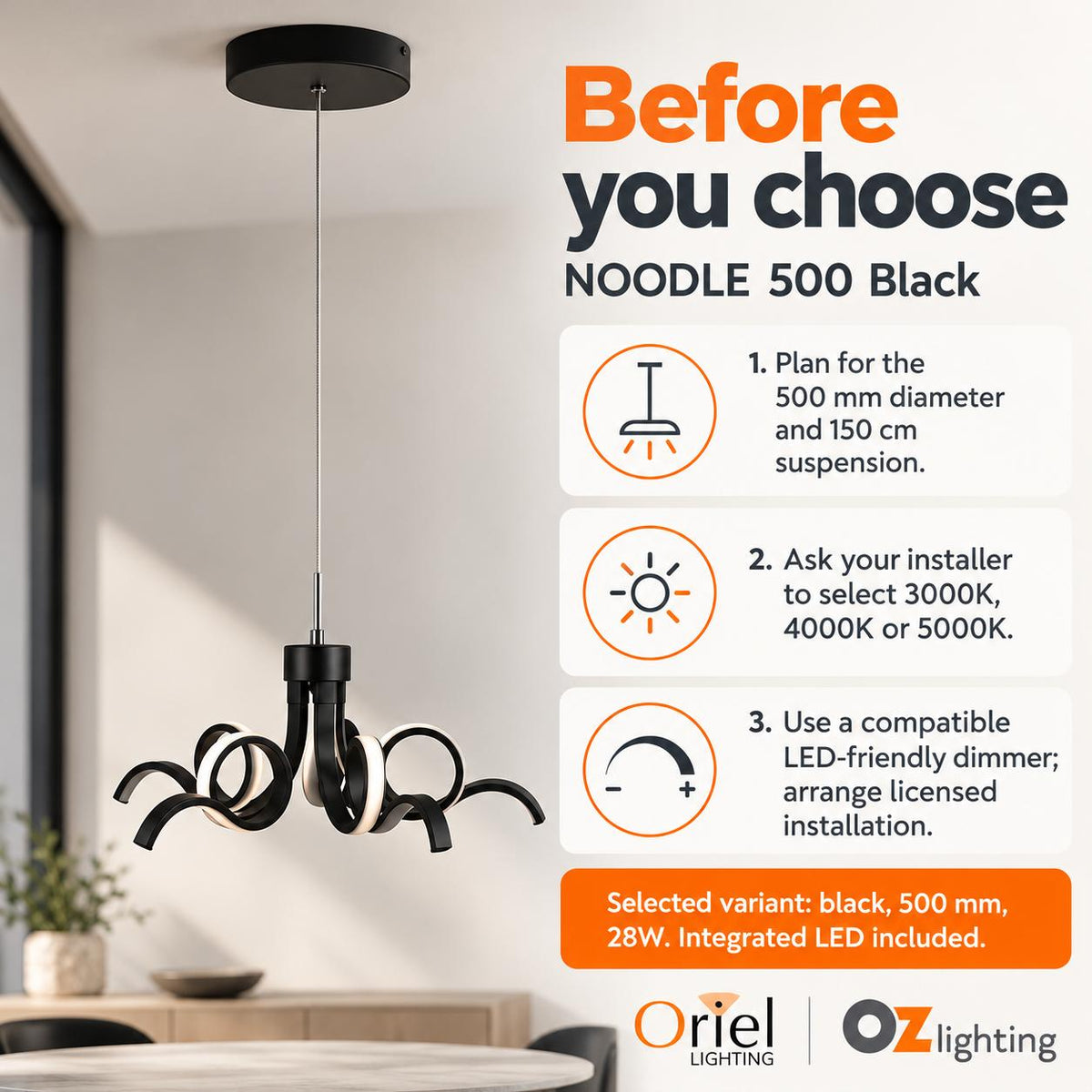 Oriel NOODLE Pendant - 1 Light Tri-Colour-Oriel Lighting-Ozlighting.com.au